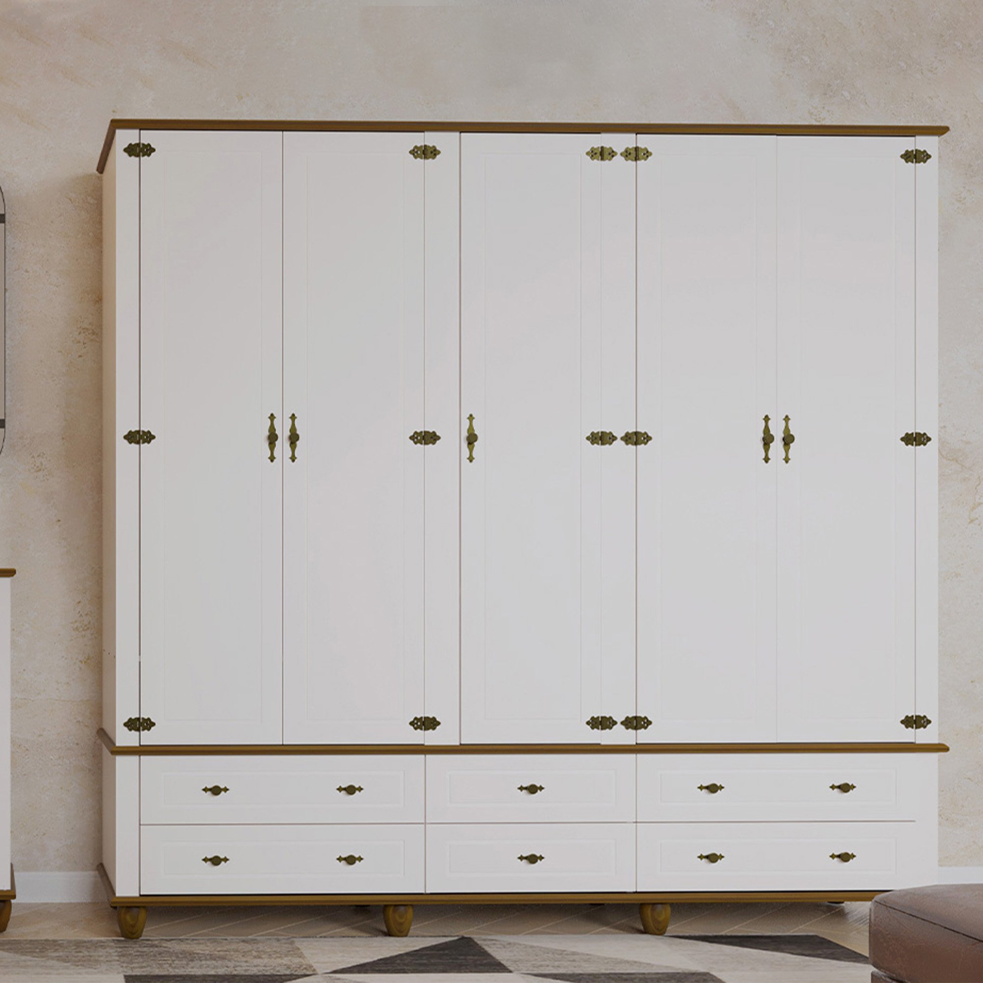 Guarda-Roupa Retrô 5 Portas 6 Gavetas Off White/Nogueira